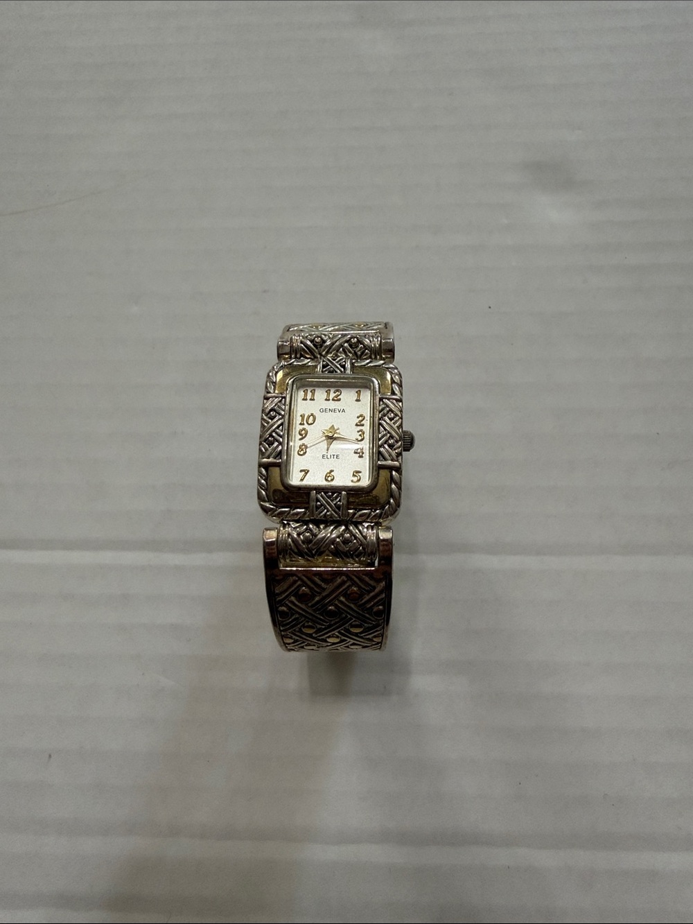 Geneva Elite #1843 Silver and Gold Tone Engraved Women's Bracelet Watch